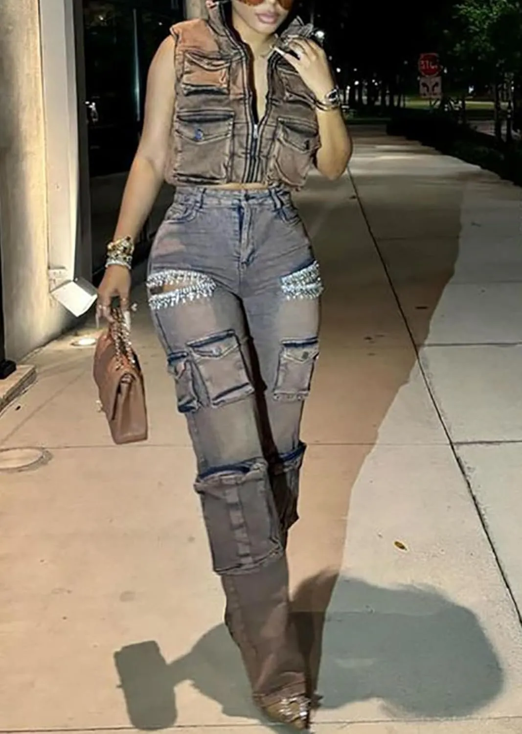 Womens Rhinestone Cargo Jeans Y2k High Waisted Ripped Cut Out Straight Leg Sparkly Baggy Sexy Denim Pants
