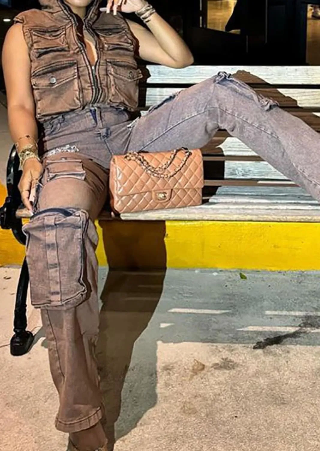 Womens Rhinestone Cargo Jeans Y2k High Waisted Ripped Cut Out Straight Leg Sparkly Baggy Sexy Denim Pants