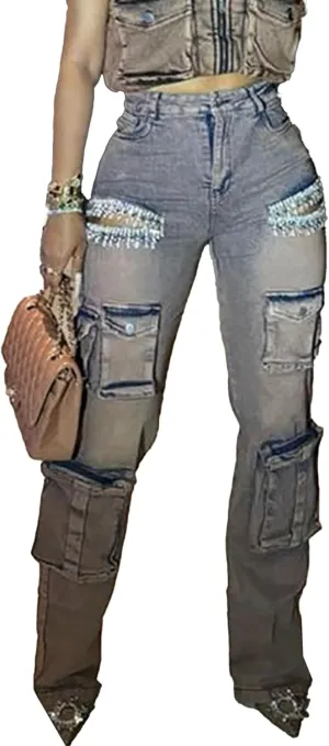 Womens Rhinestone Cargo Jeans Y2k High Waisted Ripped Cut Out Straight Leg Sparkly Baggy Sexy Denim Pants