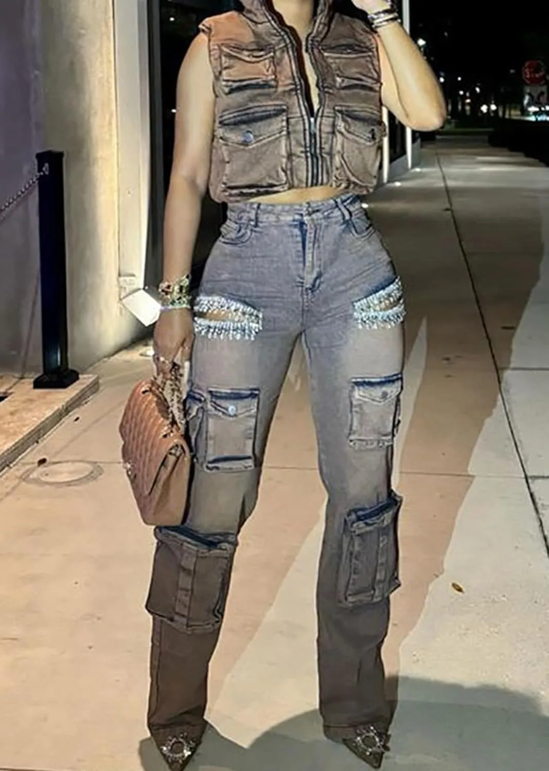 Womens Rhinestone Cargo Jeans Y2k High Waisted Ripped Cut Out Straight Leg Sparkly Baggy Sexy Denim Pants