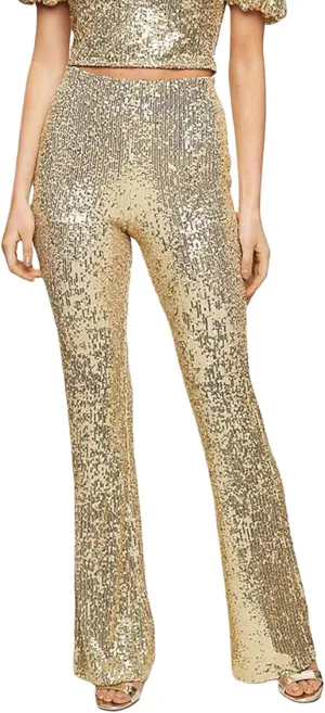 Womens Sequin Flare Pants High Waist Glitter Wide Leg Bell Bottom Leggings Party Trousers