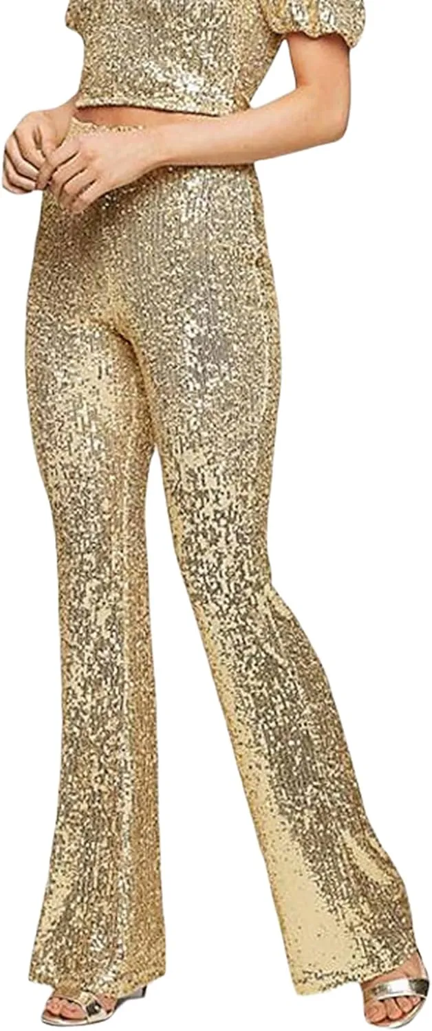 Womens Sequin Flare Pants High Waist Glitter Wide Leg Bell Bottom Leggings Party Trousers