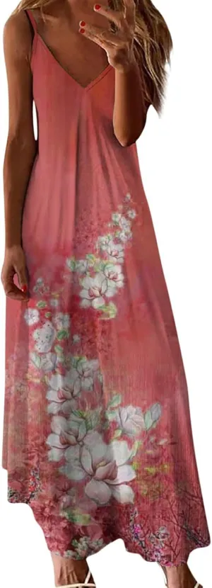 Women's Sleeveless V Neck Maxi Dress Floral Graphic Vacation Beach Sundresses Spaghetti Strap Summer Dresses