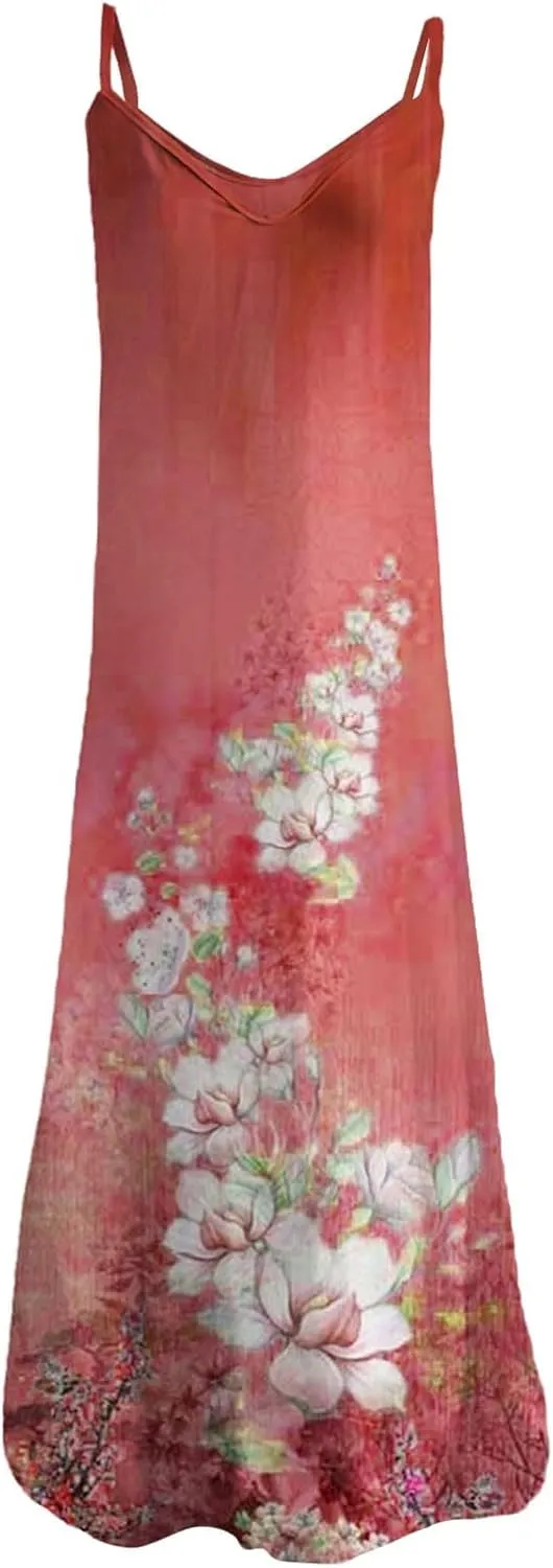 Women's Sleeveless V Neck Maxi Dress Floral Graphic Vacation Beach Sundresses Spaghetti Strap Summer Dresses