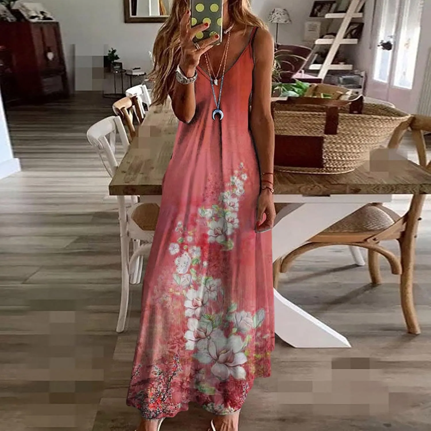 Women's Sleeveless V Neck Maxi Dress Floral Graphic Vacation Beach Sundresses Spaghetti Strap Summer Dresses