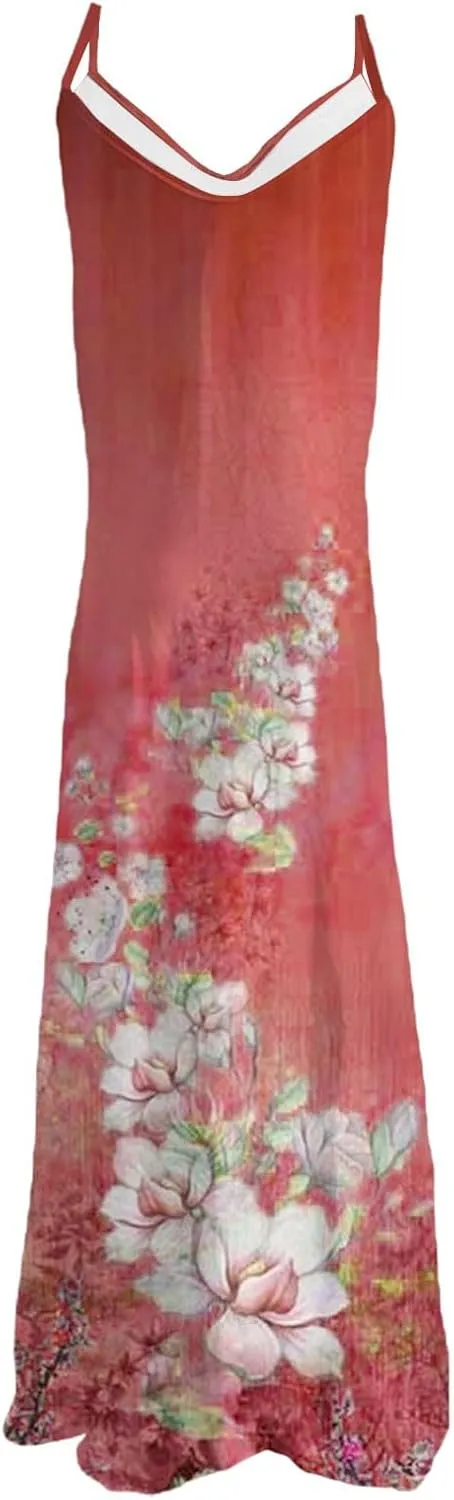 Women's Sleeveless V Neck Maxi Dress Floral Graphic Vacation Beach Sundresses Spaghetti Strap Summer Dresses