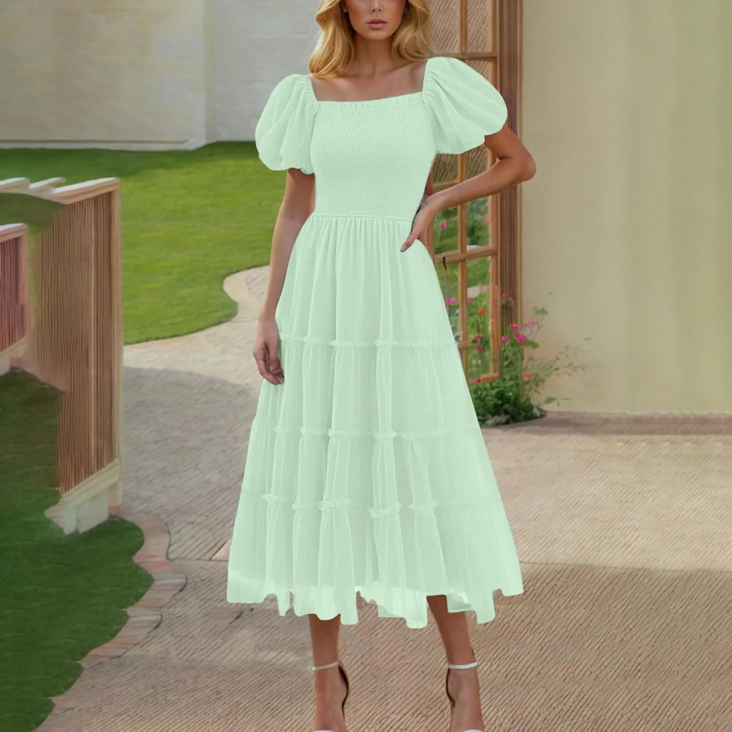 Women's Smocked Midi Tulle Dress Puff Short Sleeve Square Neck Wedding Party Dresses Ruffle Tiered Beach Sundress