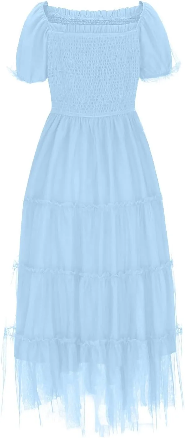 Women's Smocked Midi Tulle Dress Puff Short Sleeve Square Neck Wedding Party Dresses Ruffle Tiered Beach Sundress
