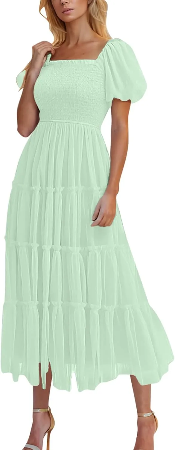 Women's Smocked Midi Tulle Dress Puff Short Sleeve Square Neck Wedding Party Dresses Ruffle Tiered Beach Sundress
