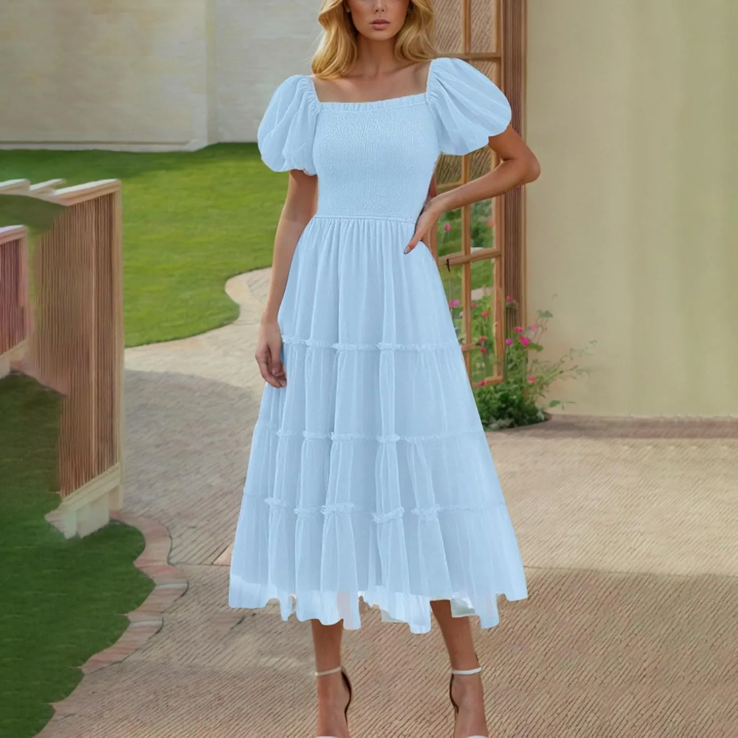 Women's Smocked Midi Tulle Dress Puff Short Sleeve Square Neck Wedding Party Dresses Ruffle Tiered Beach Sundress