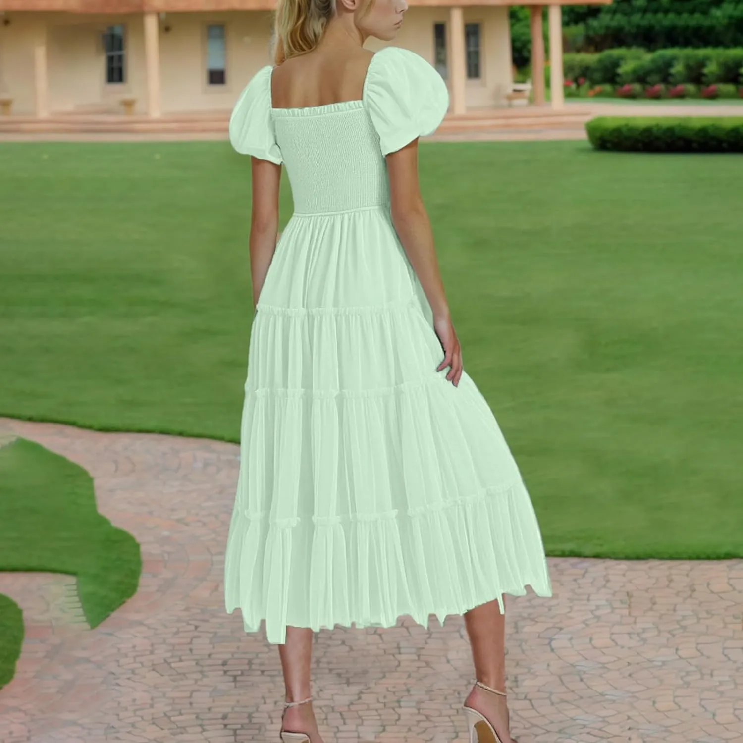 Women's Smocked Midi Tulle Dress Puff Short Sleeve Square Neck Wedding Party Dresses Ruffle Tiered Beach Sundress