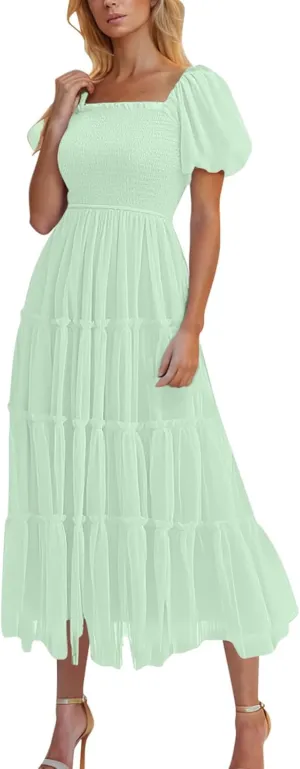 Women's Smocked Midi Tulle Dress Puff Short Sleeve Square Neck Wedding Party Dresses Ruffle Tiered Beach Sundress