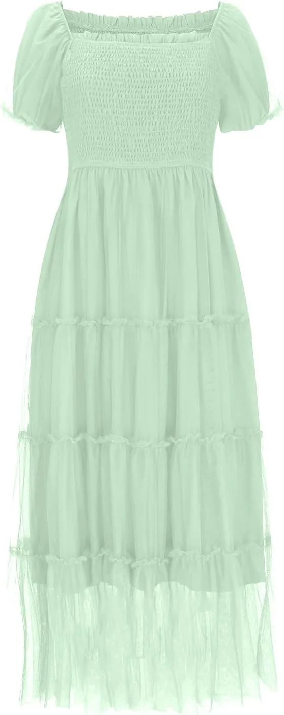 Women's Smocked Midi Tulle Dress Puff Short Sleeve Square Neck Wedding Party Dresses Ruffle Tiered Beach Sundress