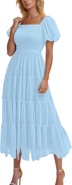 Women's Smocked Midi Tulle Dress Puff Short Sleeve Square Neck Wedding Party Dresses Ruffle Tiered Beach Sundress