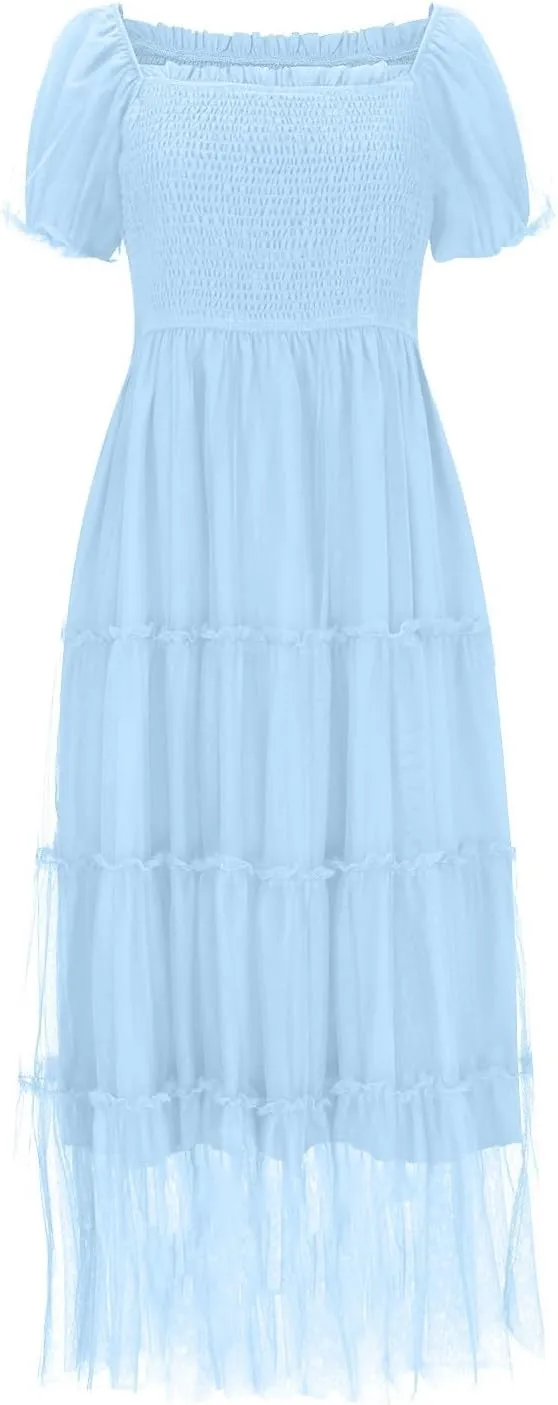 Women's Smocked Midi Tulle Dress Puff Short Sleeve Square Neck Wedding Party Dresses Ruffle Tiered Beach Sundress
