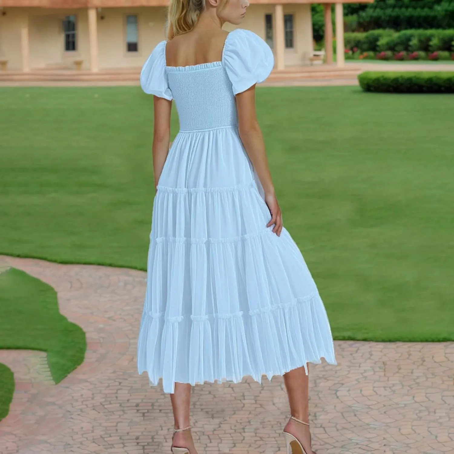 Women's Smocked Midi Tulle Dress Puff Short Sleeve Square Neck Wedding Party Dresses Ruffle Tiered Beach Sundress