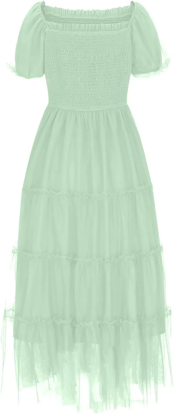 Women's Smocked Midi Tulle Dress Puff Short Sleeve Square Neck Wedding Party Dresses Ruffle Tiered Beach Sundress
