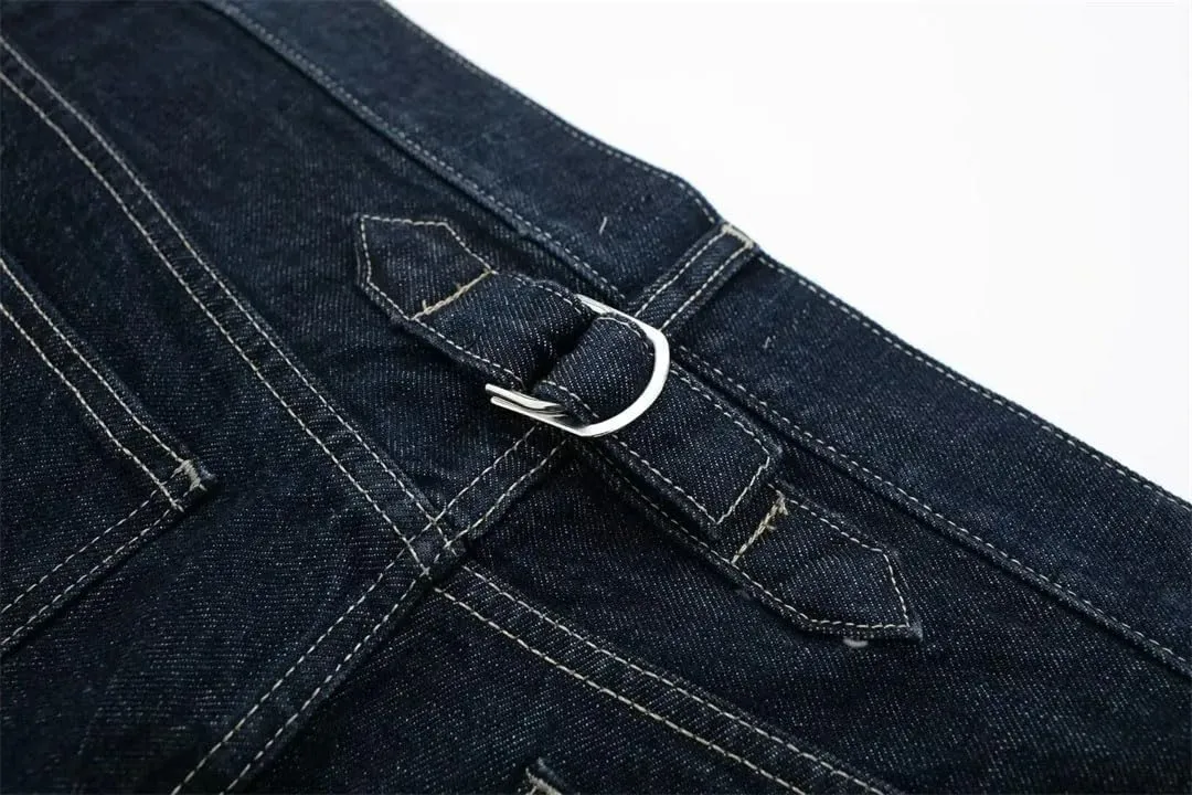 Women's Suit Retro Splicing Single-Breasted Pocket Denim Jacket High-Waisted Women's Zippered Wide-Leg Pants 2-Piece Set