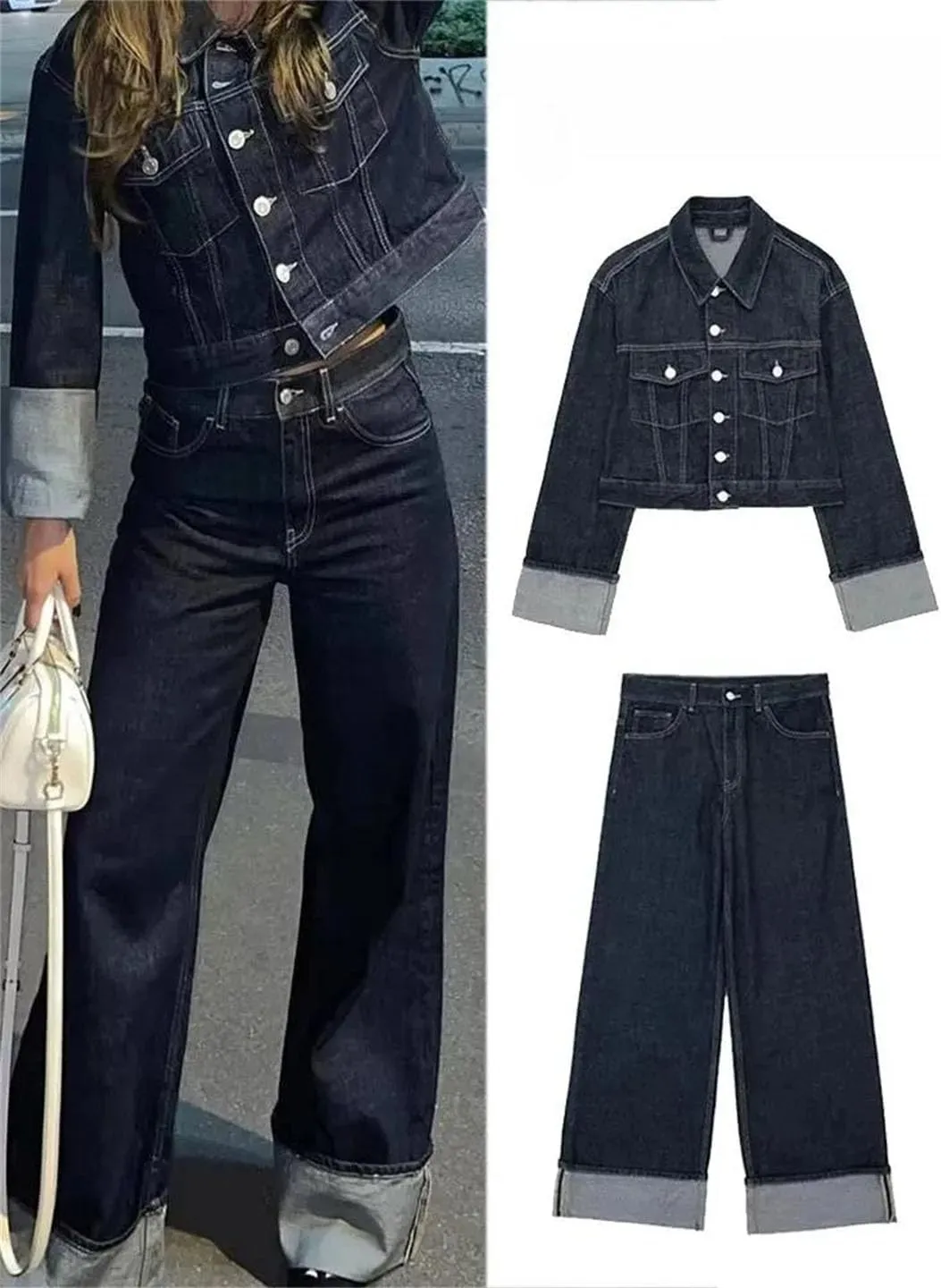 Women's Suit Retro Splicing Single-Breasted Pocket Denim Jacket High-Waisted Women's Zippered Wide-Leg Pants 2-Piece Set