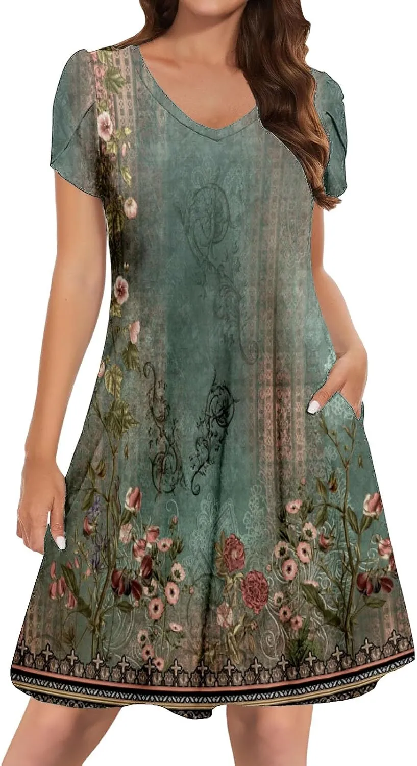 Women's Summer Casual V Neck Dress with Pocket Cute Short Sleeve Floral Graphic A-line Sundress Midi Dresses
