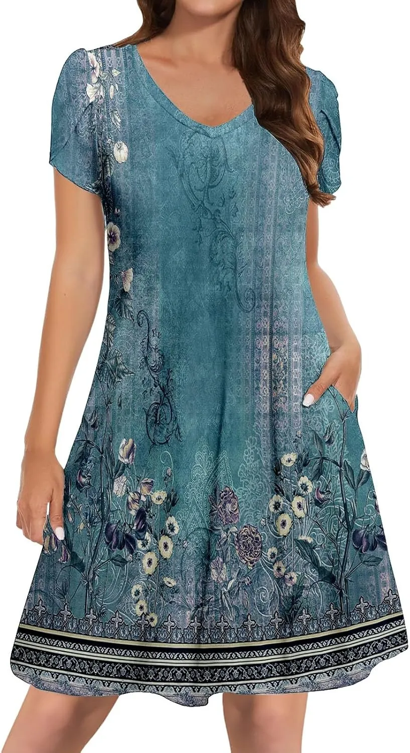 Women's Summer Casual V Neck Dress with Pocket Cute Short Sleeve Floral Graphic A-line Sundress Midi Dresses