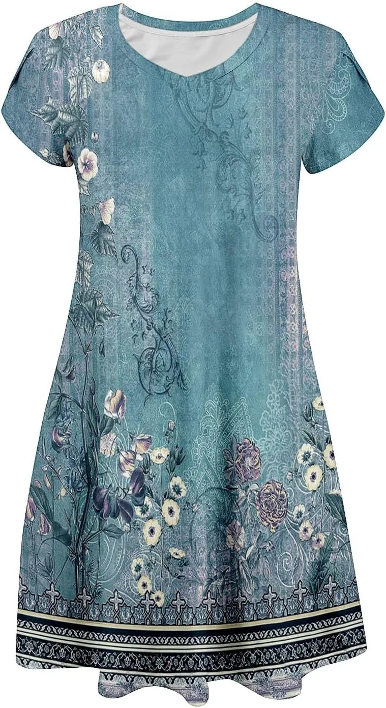 Women's Summer Casual V Neck Dress with Pocket Cute Short Sleeve Floral Graphic A-line Sundress Midi Dresses