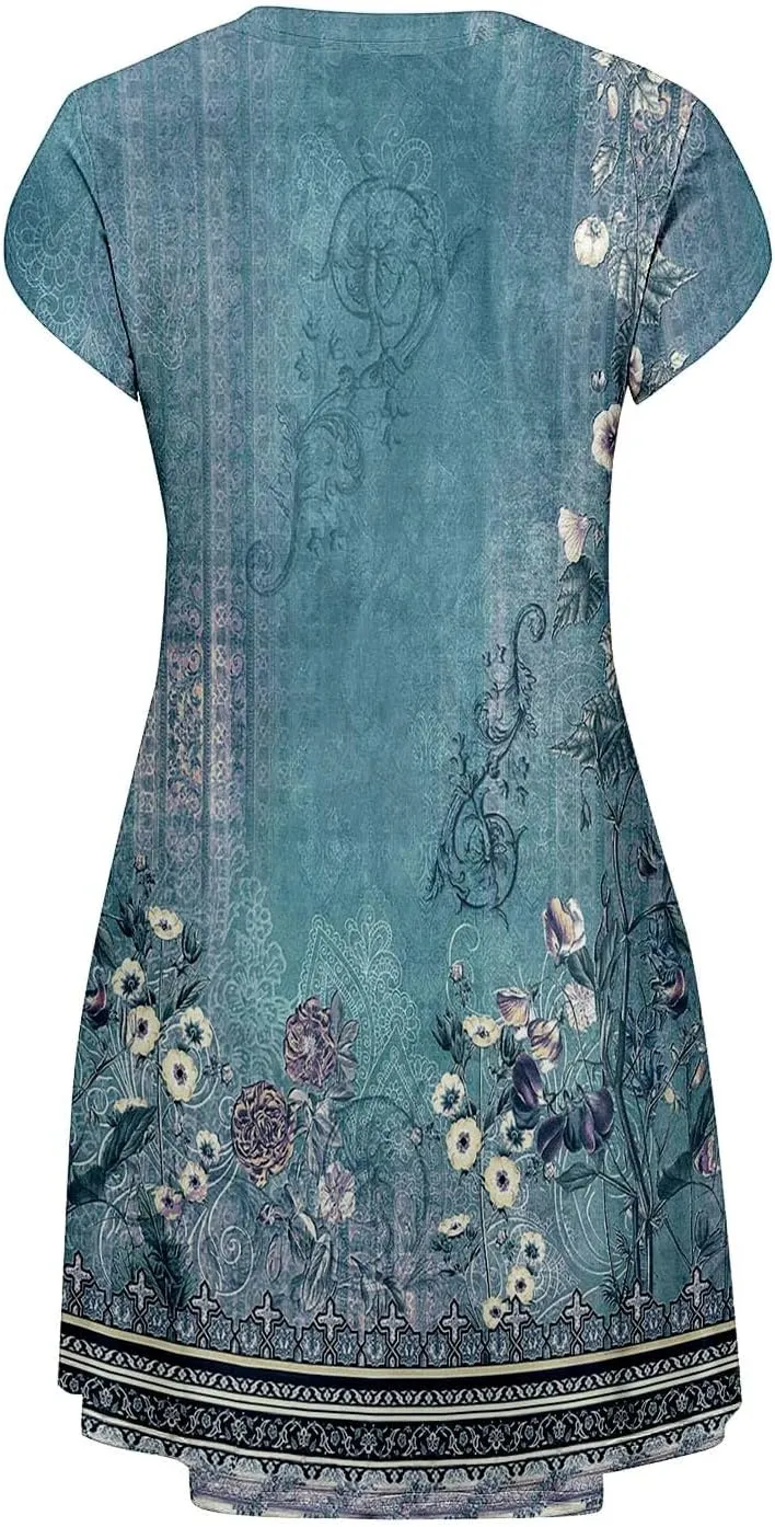 Women's Summer Casual V Neck Dress with Pocket Cute Short Sleeve Floral Graphic A-line Sundress Midi Dresses