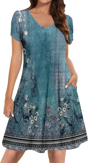 Women's Summer Casual V Neck Dress with Pocket Cute Short Sleeve Floral Graphic A-line Sundress Midi Dresses