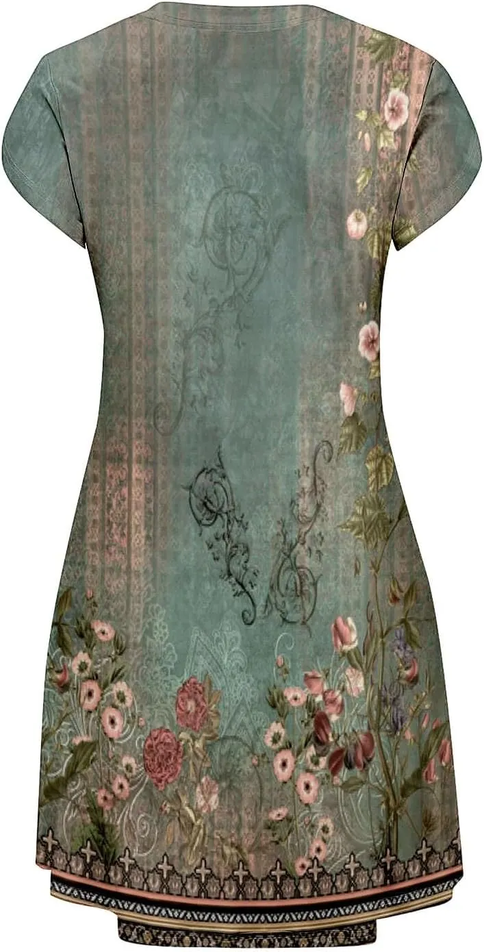 Women's Summer Casual V Neck Dress with Pocket Cute Short Sleeve Floral Graphic A-line Sundress Midi Dresses