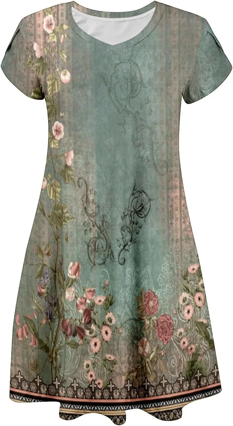 Women's Summer Casual V Neck Dress with Pocket Cute Short Sleeve Floral Graphic A-line Sundress Midi Dresses