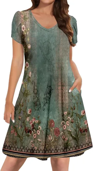 Women's Summer Casual V Neck Dress with Pocket Cute Short Sleeve Floral Graphic A-line Sundress Midi Dresses