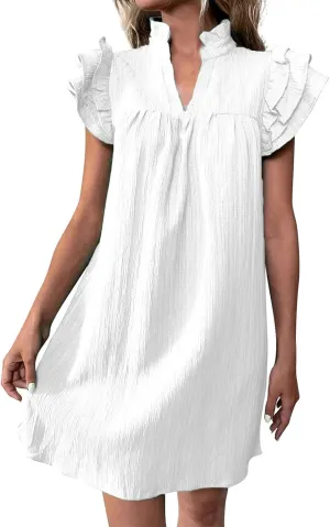 Womens Summer V-Neck Ruffle Cap Short Sleeve Pockets Mini Dress Sundress Boho Hawaiian Floral Tank Babydoll Dresses