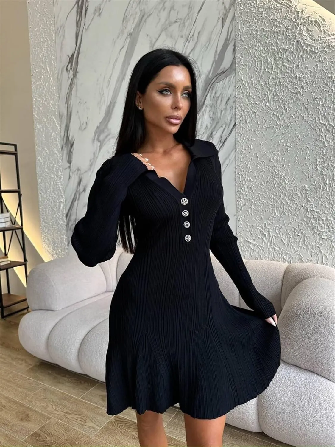 Womens Trendy Winter Dress Casual Long Sleeve Sexy Dress Mini Ruffle Flowy Dress Elegant Cocktail Dresses Date Night
