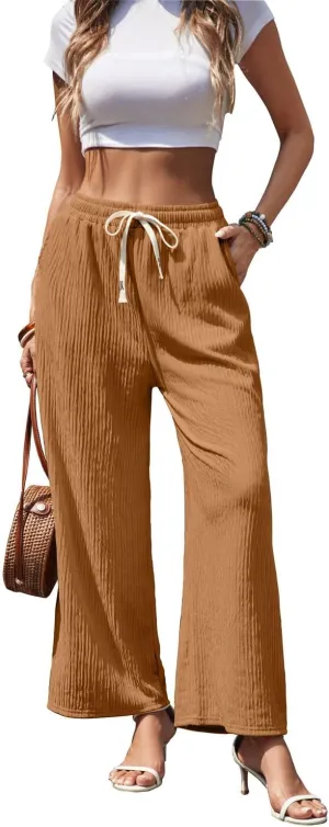 Womens Wide Leg Elastic Waisted Pants Palazzo Trousers Adjustable Drawstring Casual Long Pleated Pants with Pockets