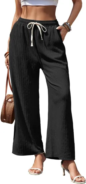 Womens Wide Leg Elastic Waisted Pants Palazzo Trousers Adjustable Drawstring Casual Long Pleated Pants with Pockets