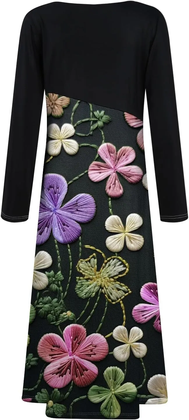 Women'sFashionable V Neck Long Sleeved Floral Print Waist Pocket Casual Large Swing Dress St Patricks Day