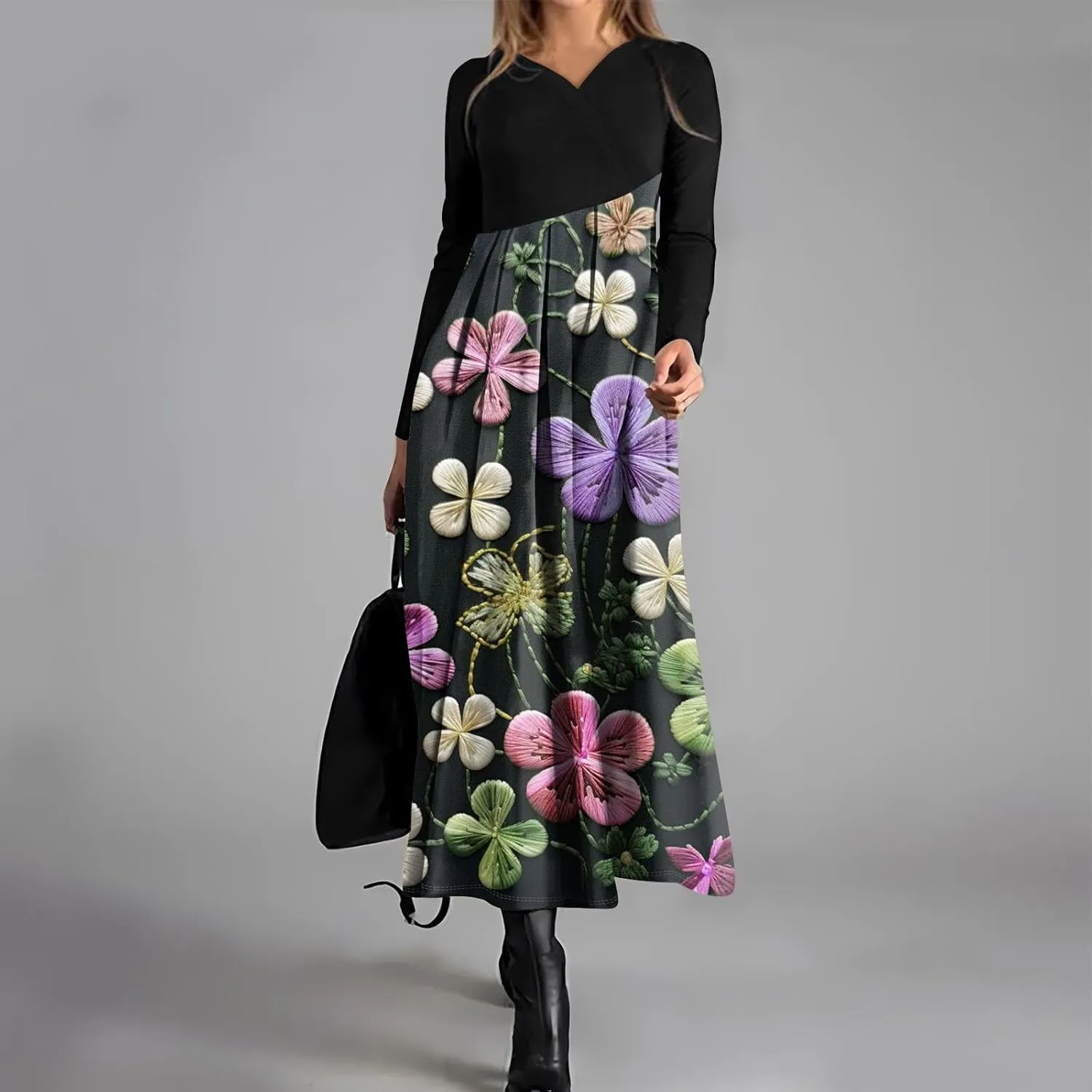 Women'sFashionable V Neck Long Sleeved Floral Print Waist Pocket Casual Large Swing Dress St Patricks Day