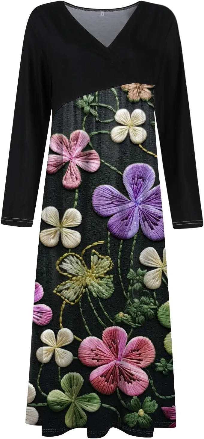 Women'sFashionable V Neck Long Sleeved Floral Print Waist Pocket Casual Large Swing Dress St Patricks Day