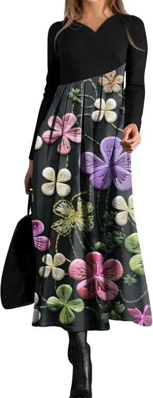 Women'sFashionable V Neck Long Sleeved Floral Print Waist Pocket Casual Large Swing Dress St Patricks Day