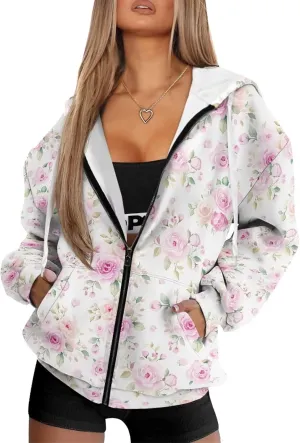 Xoenoiee Women Oversized Hoodies Full Zip Sweatshirts Soft Hooded Jacket with Pocket Fall Winter Long Sleeve Y2K Hoodie