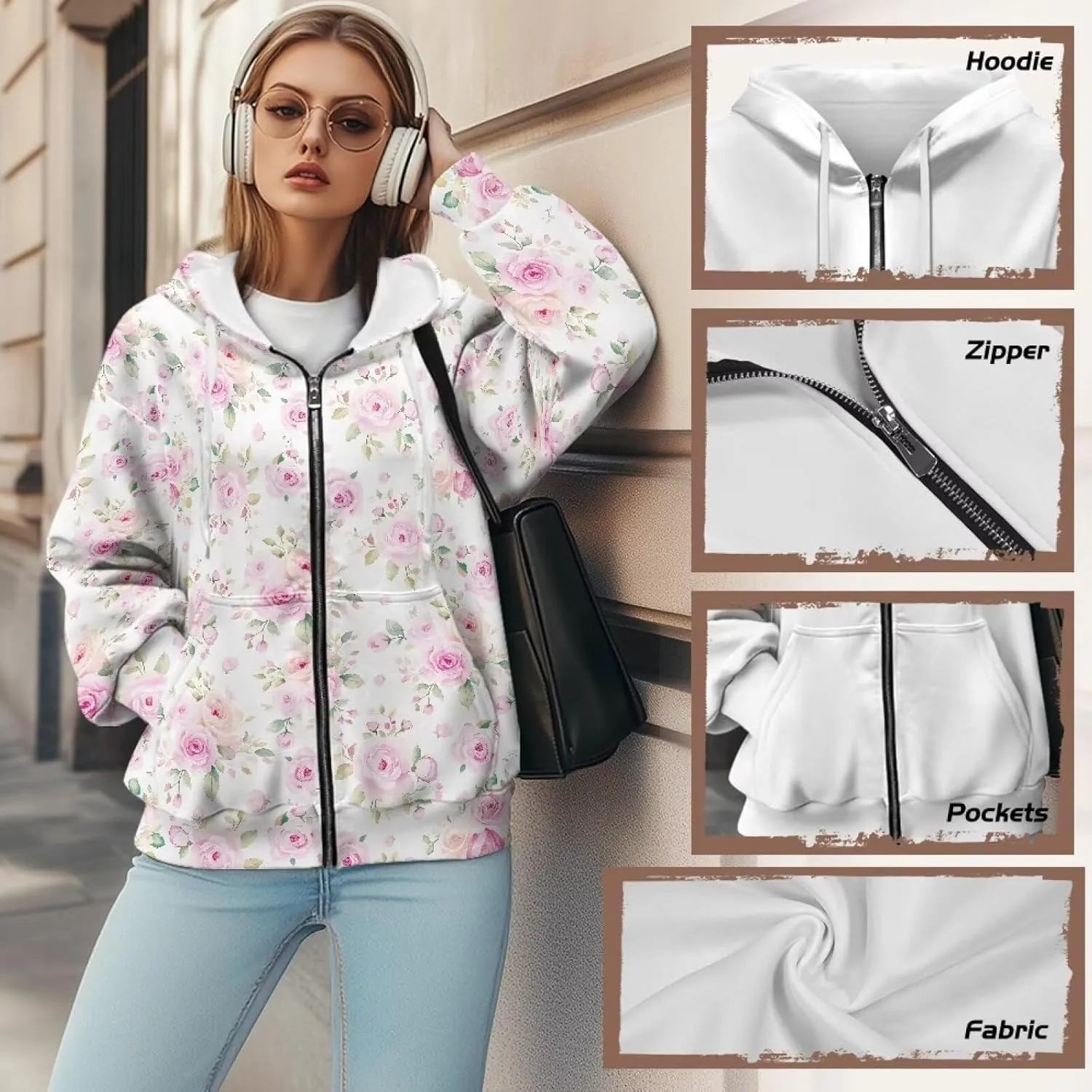 Xoenoiee Women Oversized Hoodies Full Zip Sweatshirts Soft Hooded Jacket with Pocket Fall Winter Long Sleeve Y2K Hoodie
