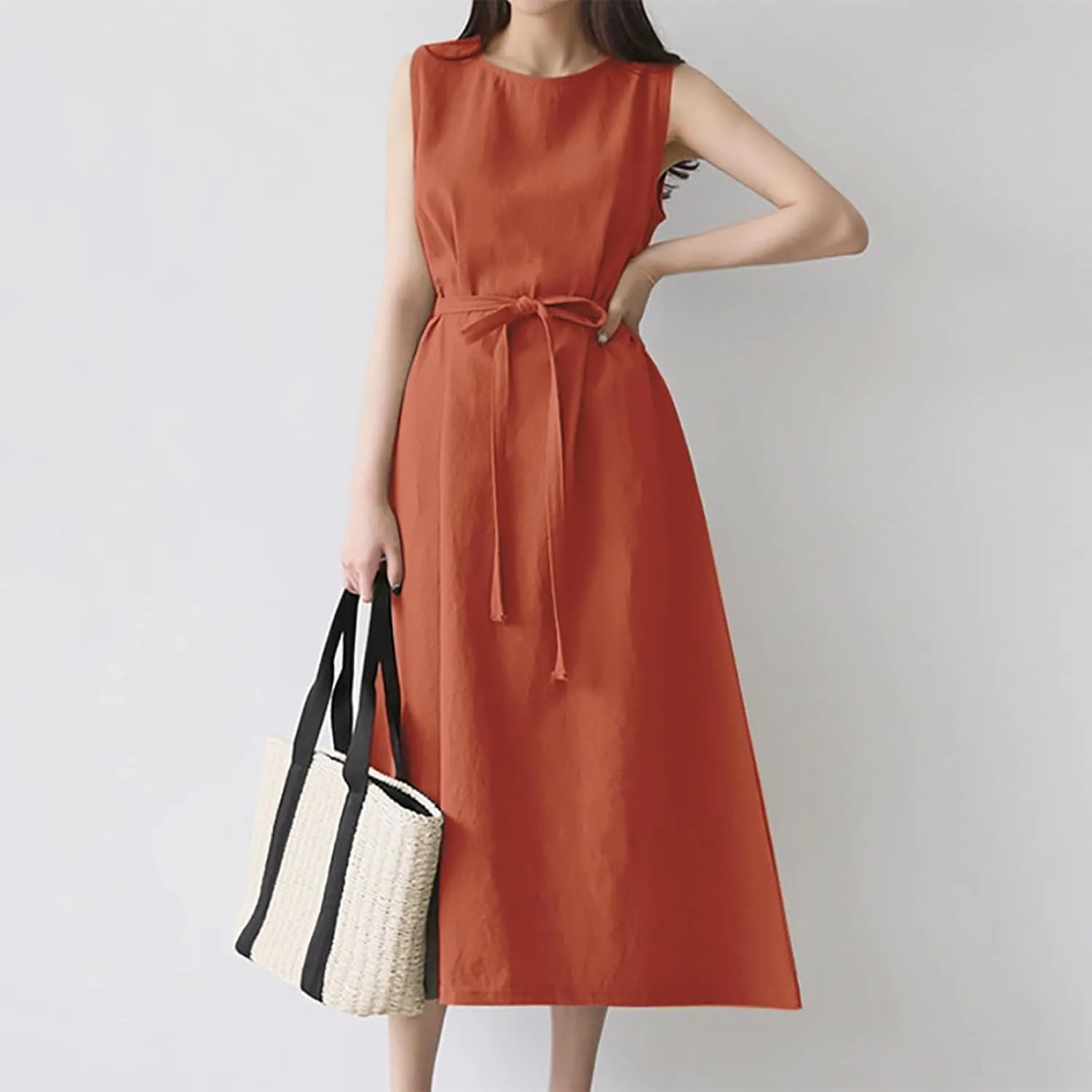 XOWRTE Womens Linen Loose Sleeveless Sundress Comfy Midi Dress Summer Crewneck Tie Waist Solid Beach Tank Dresses for Women