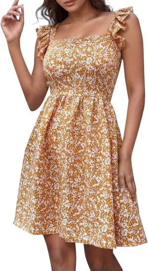 XOWRTE Womens Square Neck Sleeveless Ruffle Dress High Waist Backless A-line Smocked Casual Short Mini Dresses for Women