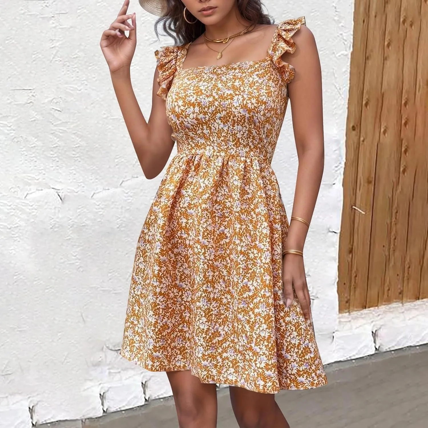 XOWRTE Womens Square Neck Sleeveless Ruffle Dress High Waist Backless A-line Smocked Casual Short Mini Dresses for Women