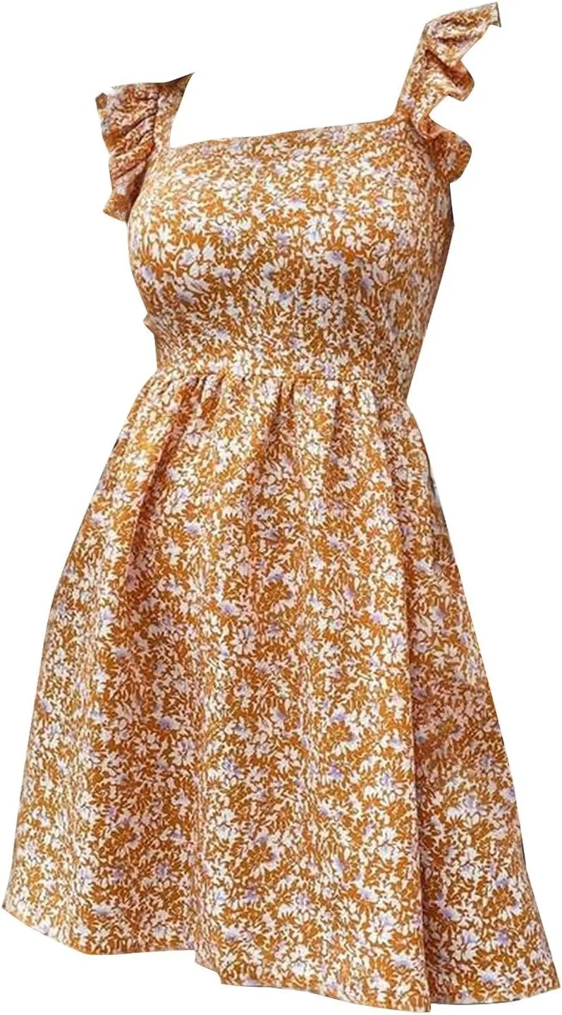 XOWRTE Womens Square Neck Sleeveless Ruffle Dress High Waist Backless A-line Smocked Casual Short Mini Dresses for Women