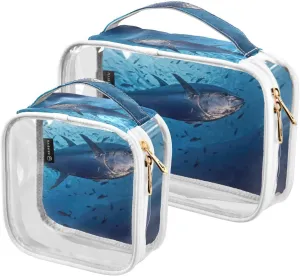 Yellowfin-tuna-thunnus-albacarens 2 Pack Clear Toiletry Bag Women Men, Portable Waterproof Clear Pouch, Cosmetic Bag with Double Zippers Large Opening Traveling with Handle for Bathroom Traveling Vaca