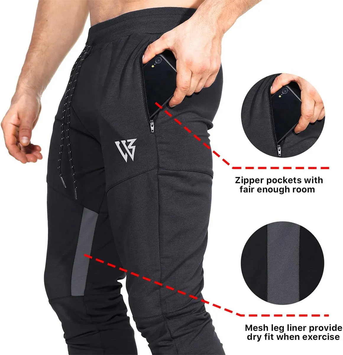 ZENWILL Mens Tapered Workout Running Pants,Gym Jogger Training Sweatpants Slim Fit with Zip Pockets