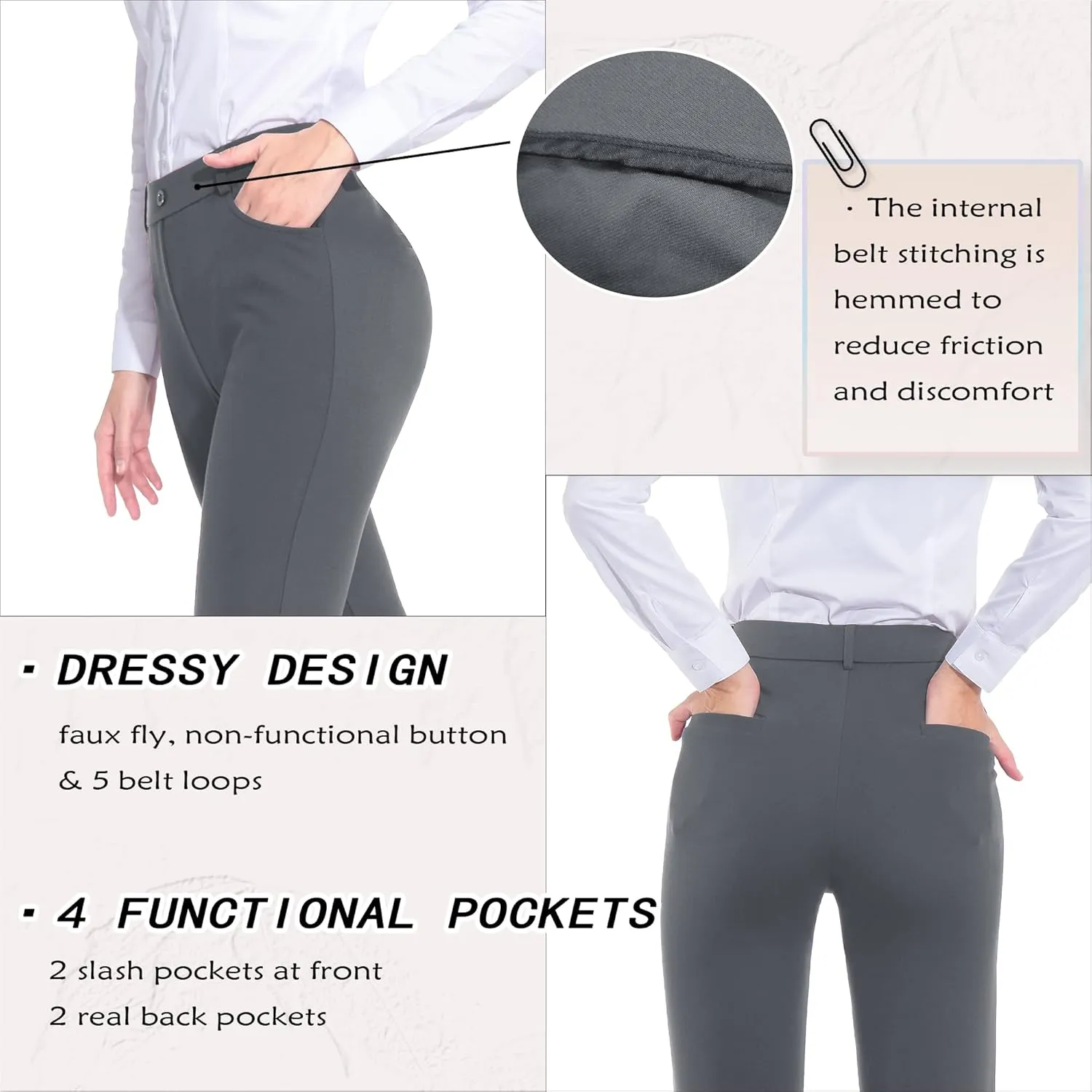 ZTN Women's Stretchy Dress Pants 28"/30" Pull-on Trousers Straight Leg Slacks 4 Pockets Plus Size for Work Business Casual